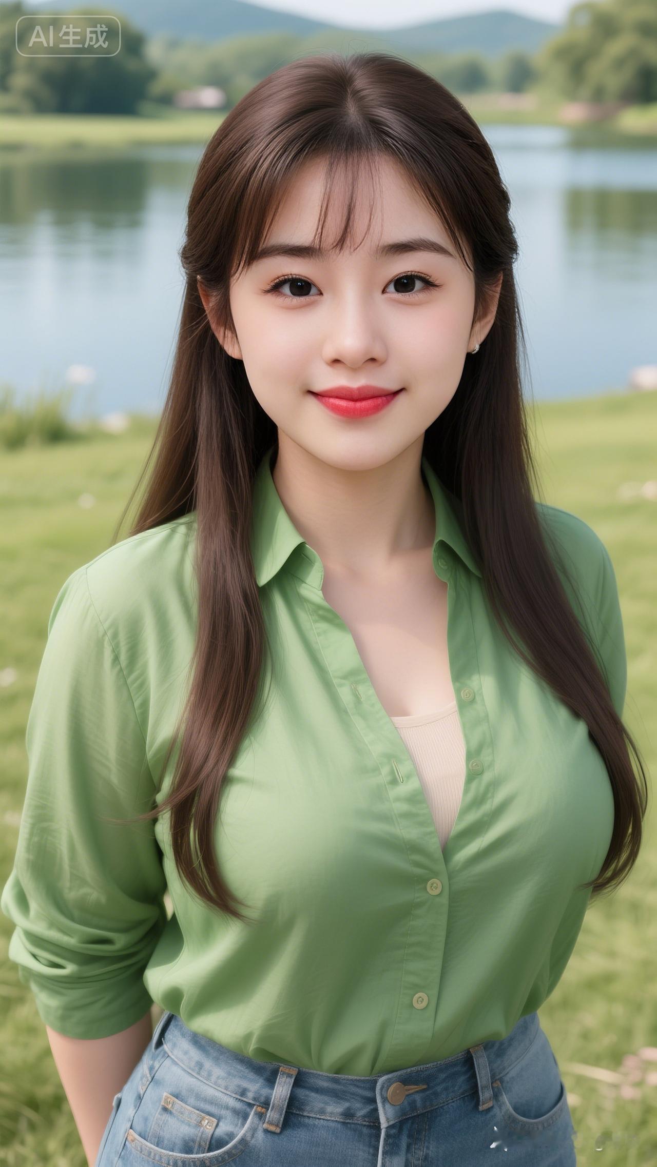 丰腴美女，苹果型可爱身材，棕黑浓密亮泽长发配眉上2cm空气刘海，两缕垂胸对称，余