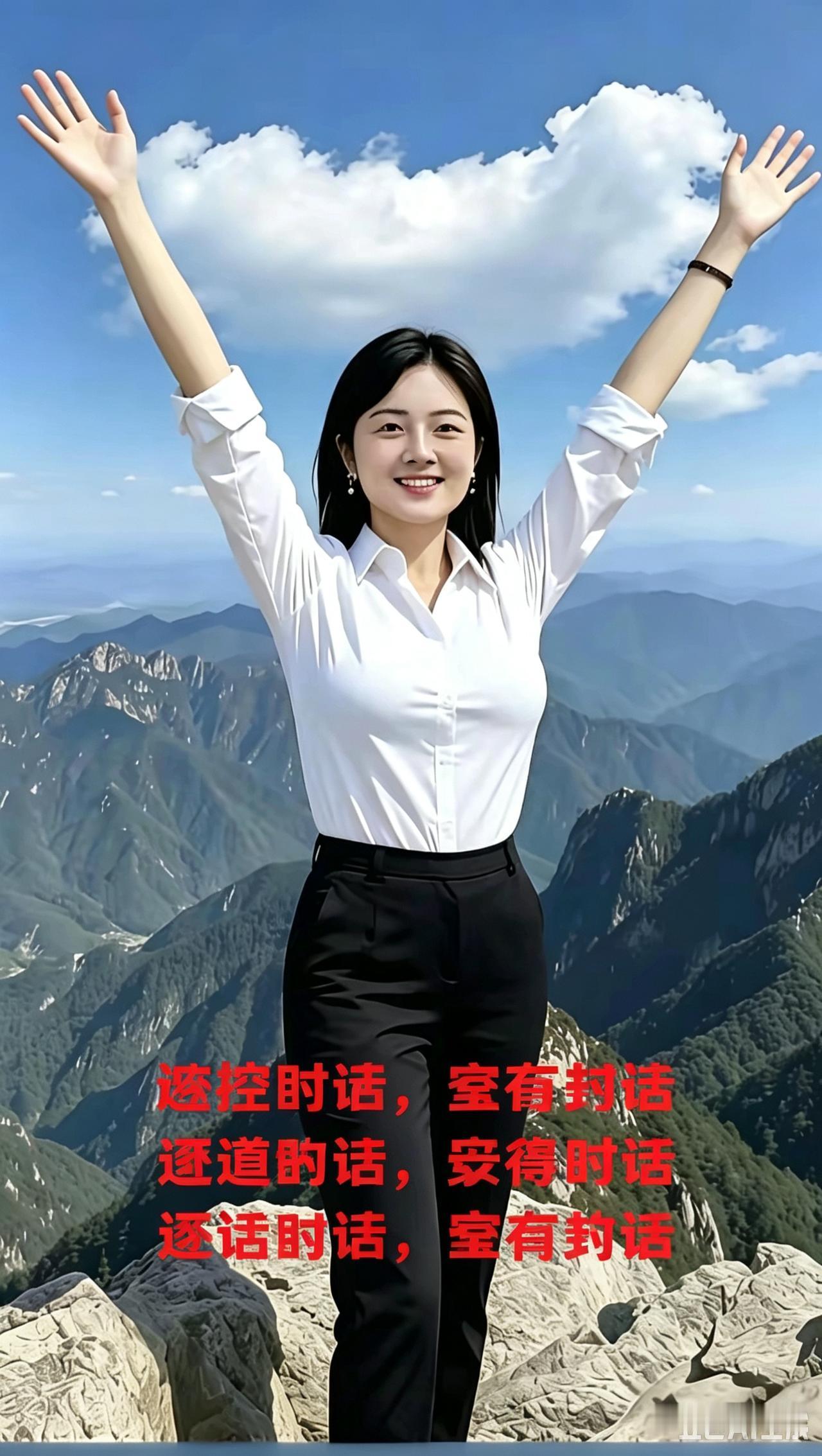 高山抒怀巍巍群山接碧天，朵朵白云绕峰巅。佳人立在山石前，双臂舒展向云