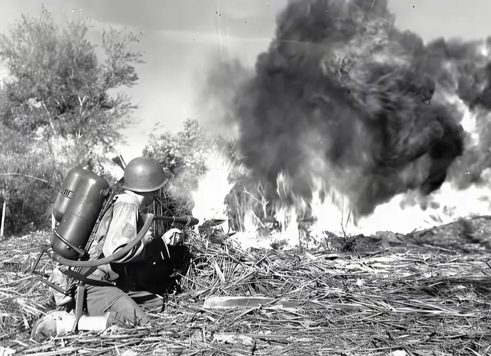 1945年1月的吕宋岛，战争的硝烟弥漫。美军军士长手持火焰喷射器“烧烤”地洞里日