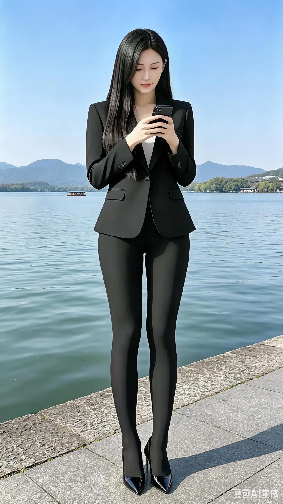 优雅黑西装，自信的职场女性，湖畔的宁静与她的气质相得益彰。气质女人职场女人