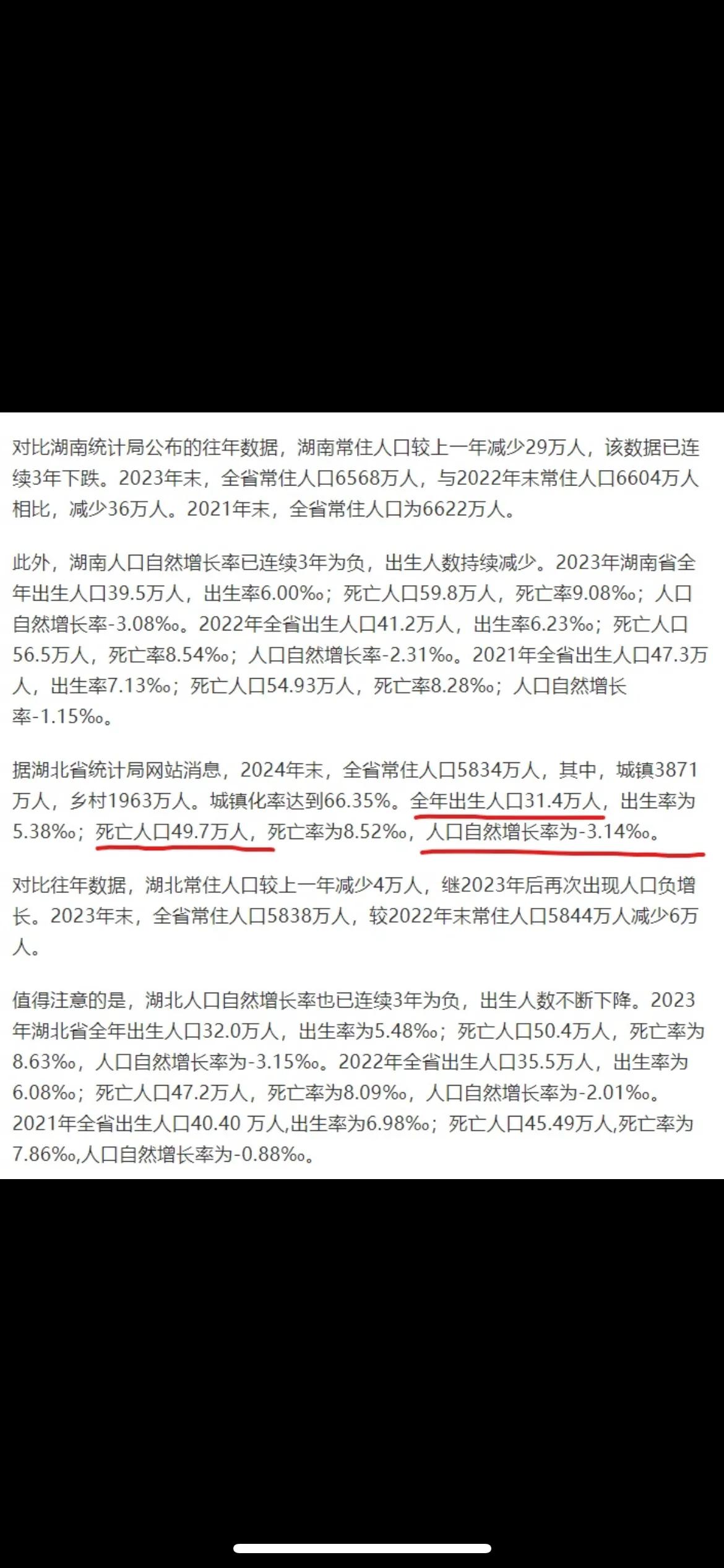 湖南统计局：去年全省出生人口38.6万人，死亡人口58.5万人。60岁及以上人口