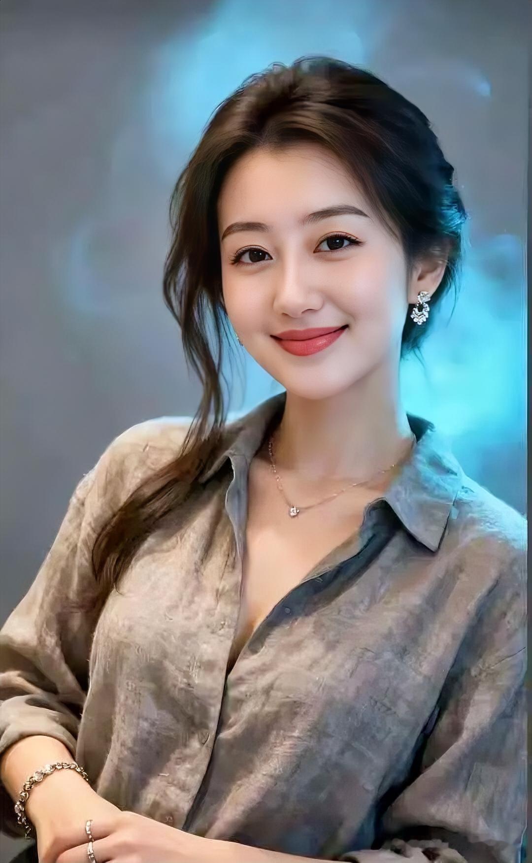 灰蓝衬衫质感温润，卷发微垂，笑意浅浅，尽显慵懒知性美。