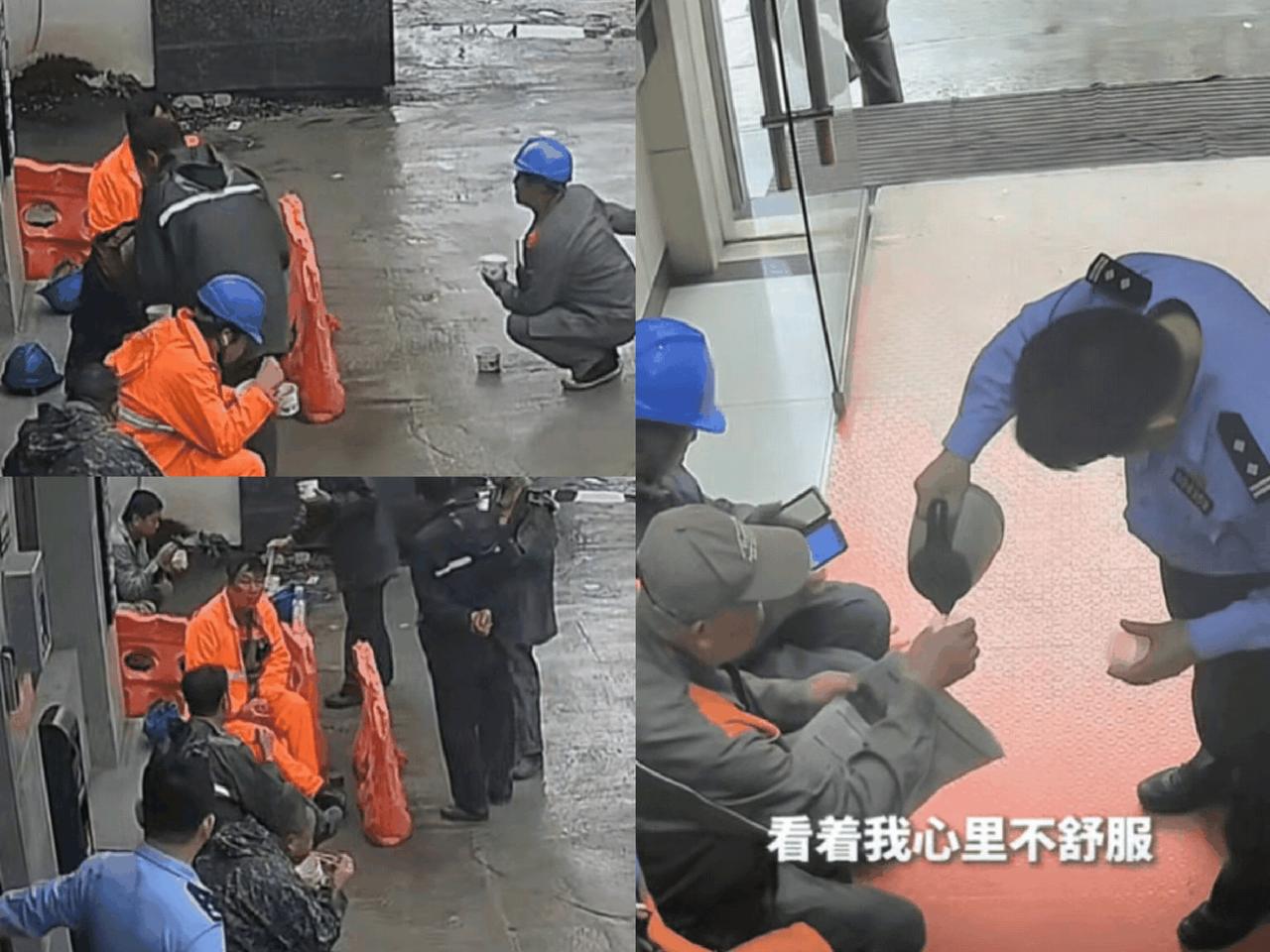 这民警火到人民日报了！湖北一群修路工人午饭时，为了避雨，来到派出所门前台阶坐下，