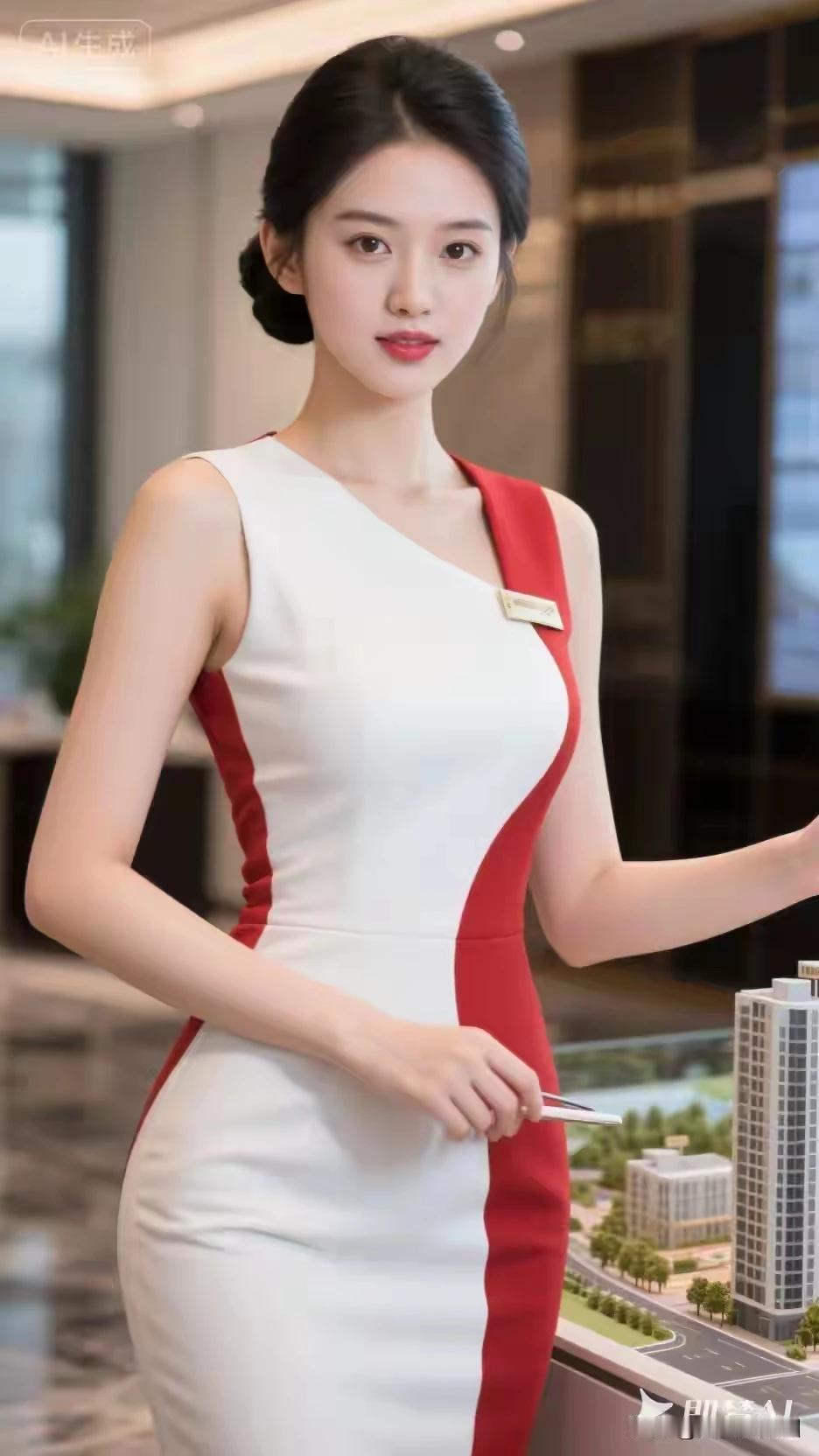 东方佳丽，千娇百媚。穿着紧身，白红无袖。职业服装，端庄典雅。身姿妙漫，曲线