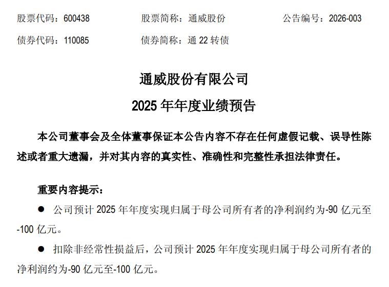 通威股份: 预计2025年净亏损约90亿元至100亿元