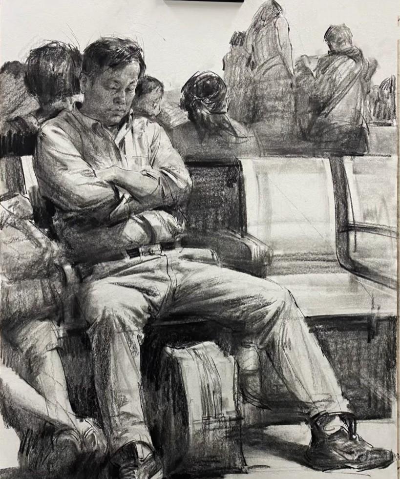 候车厅等待火车，对面的大哥睡着了，给他画了一副速写，等他醒了送给他～