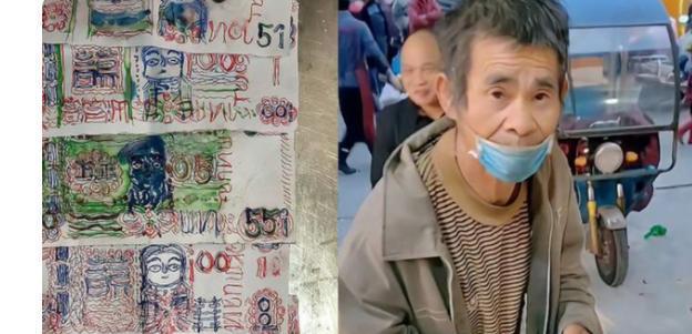 2013年，浙江温州，一位老人熟练地掏出一张手绘100元人民币，递给了老板，老板