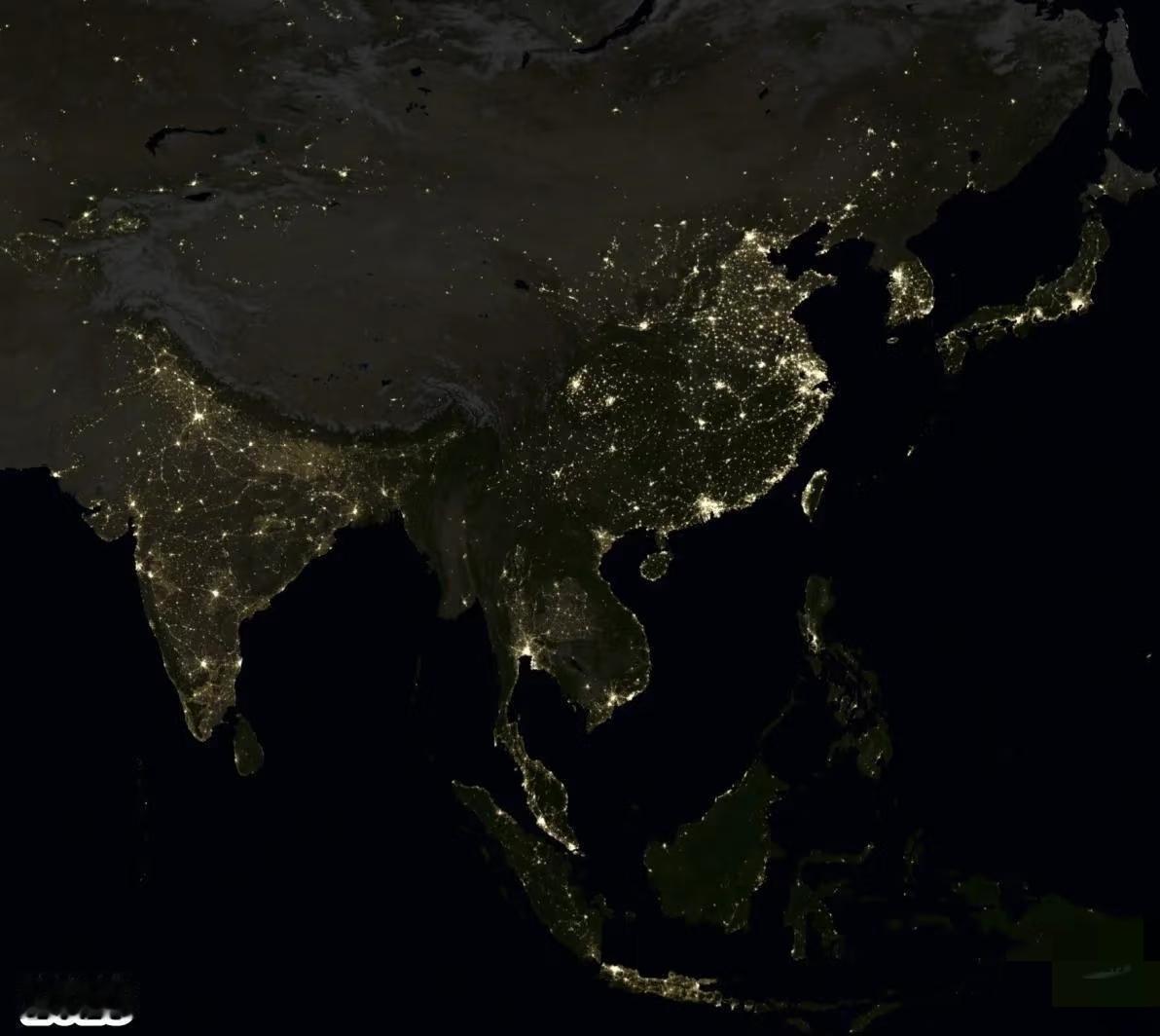 中国范围夜间灯光数据可视化，时间范围是2023年，空间分辨率约为500米灯光