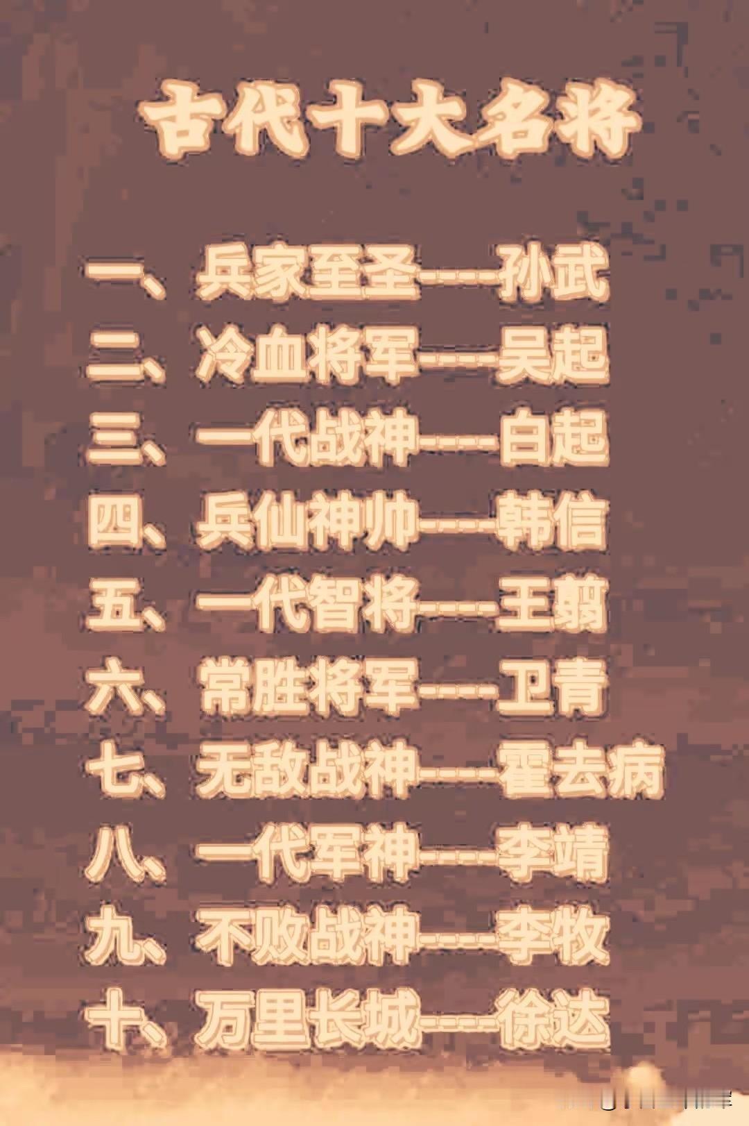 中国古代十大名将，每一位都堪称传奇这十位名将，是中国古代军事史上的丰碑，他们