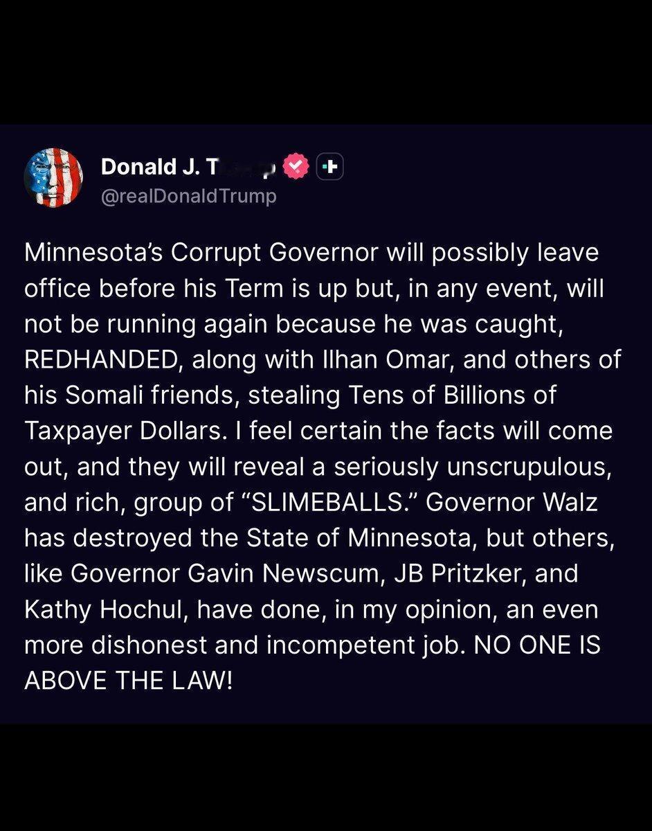 🇺🇸🇸🇴特朗普指责明尼苏达州州长和伊尔汗·奥马尔犯下大规模欺诈罪：“沃