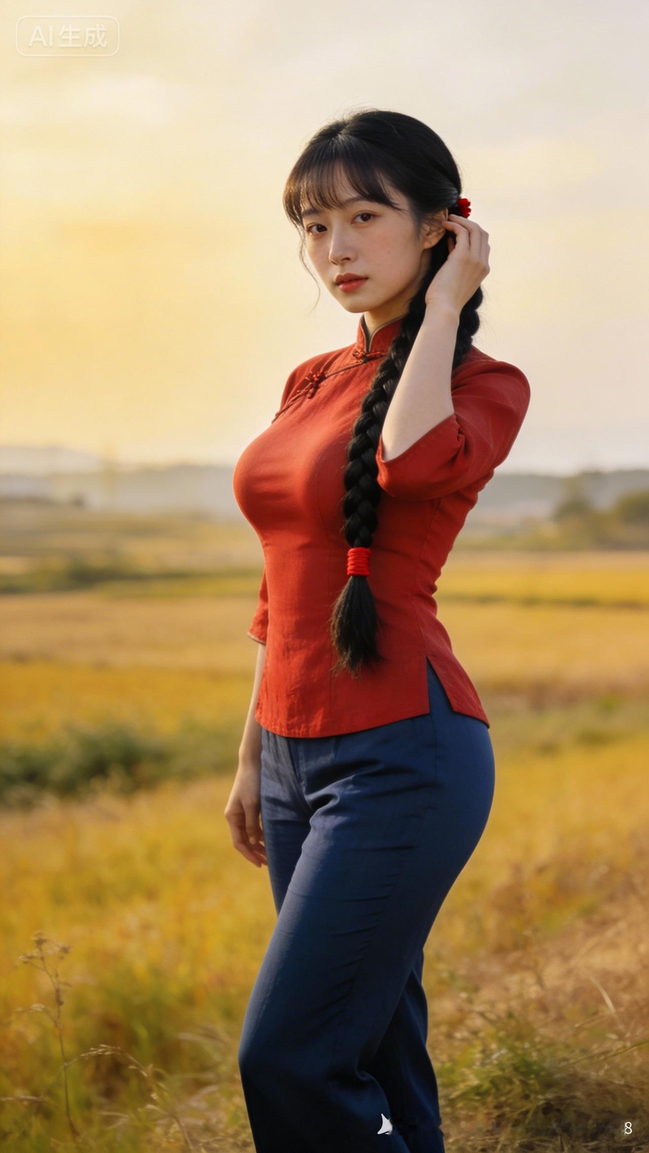 红衣少女，田野间漫步，复古风韵，美不胜收。