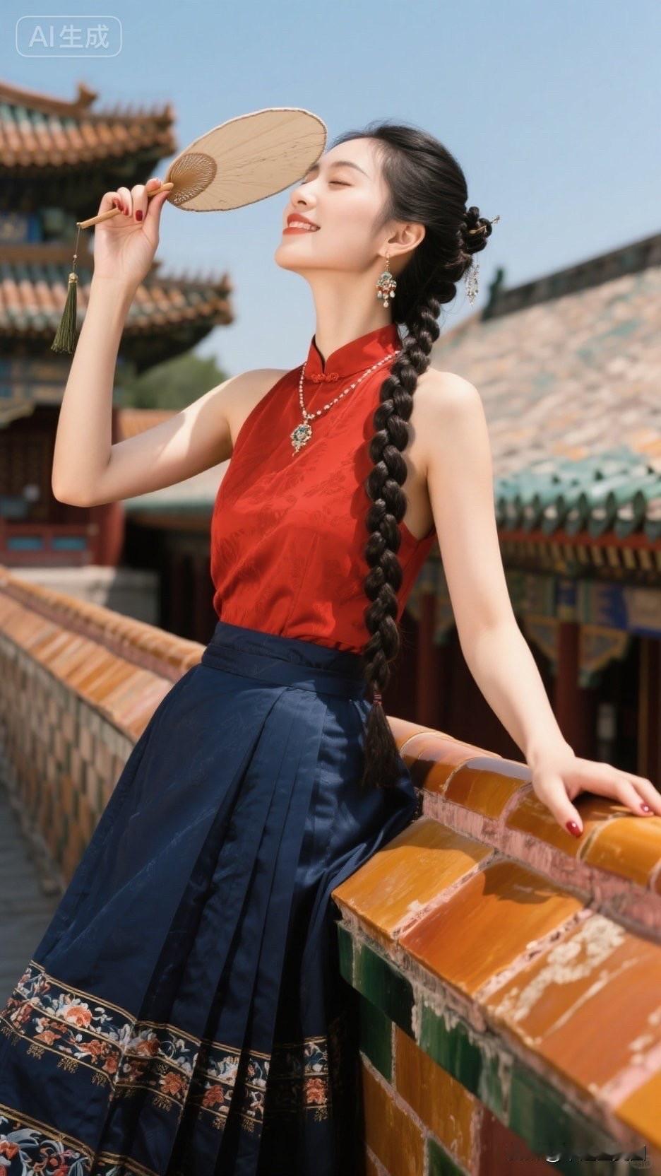 红衣少女倚栏，古风韵味十足
