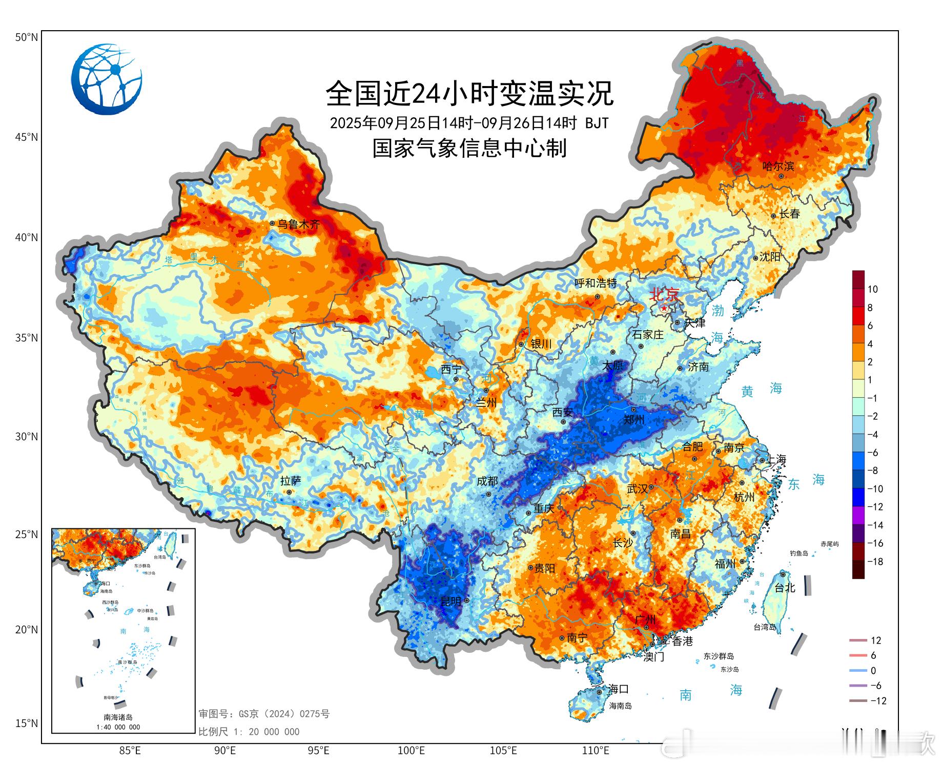 【高温和降温】今天冷空气+阴雨，西南地区到华北黄淮多地出现降温。今天因为副热带高