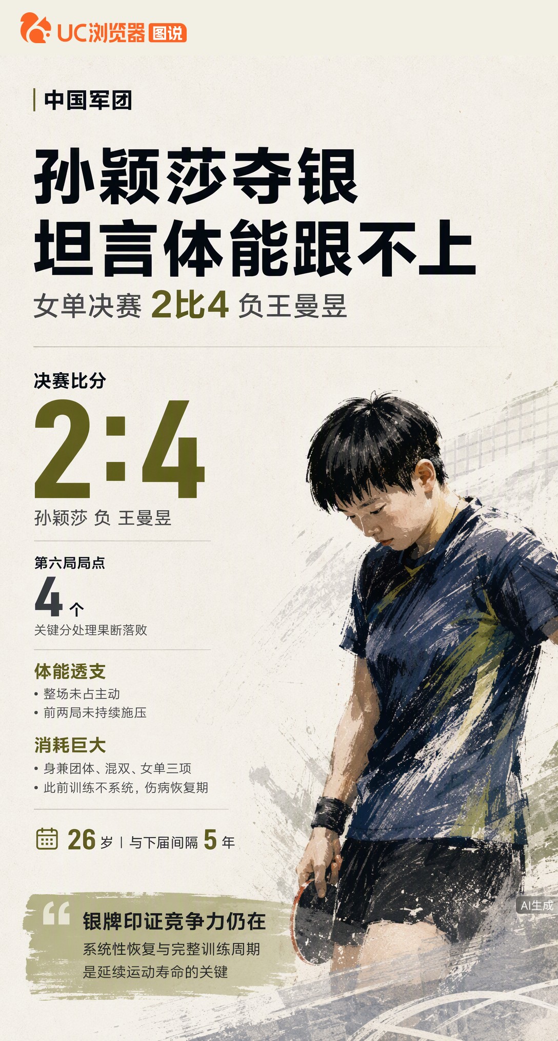 孙颖莎2-4负王曼昱摘银，坦言体能透支未占上风。身兼三项加伤病恢复期让她倍感吃力，26岁的她直言可能