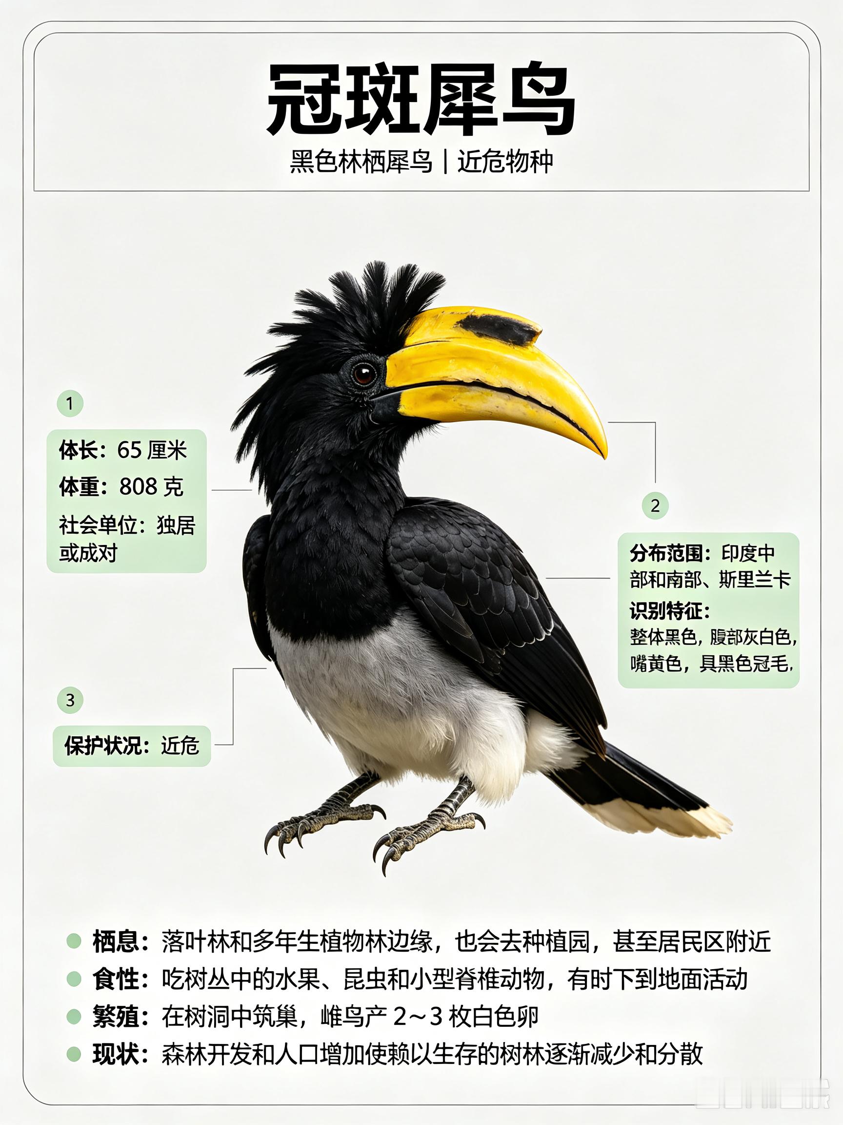鸟类朋友图鉴冠斑犀鸟体长：65厘米体重：808克社会单位：独居或成对保护状