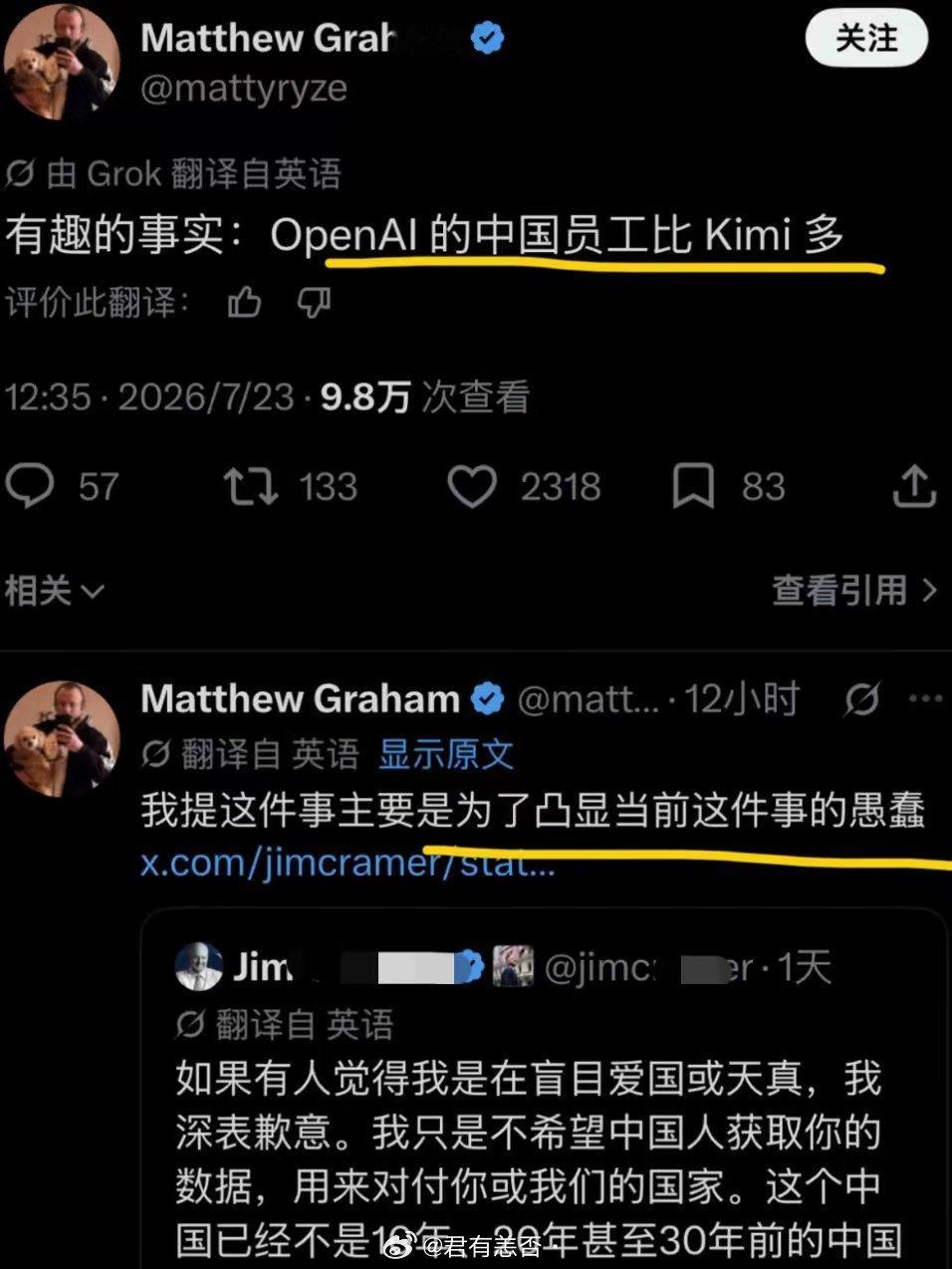 美国网友吐槽OpenAI的中国员工比Kimi还多有一个美国网友发推说：我发现一