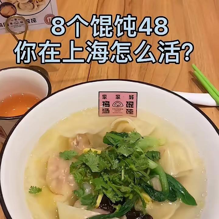 8个馄饨48元，上海的物价高的离谱啊，一般人根本消费不起，算下来一只馄饨要6元钱