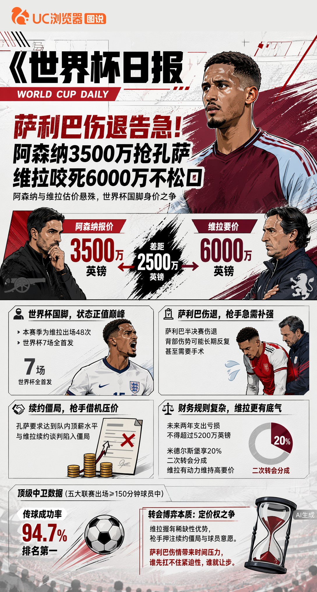 萨利巴伤退告急！阿森纳3500万抢孔萨，维拉咬死6000万不松口