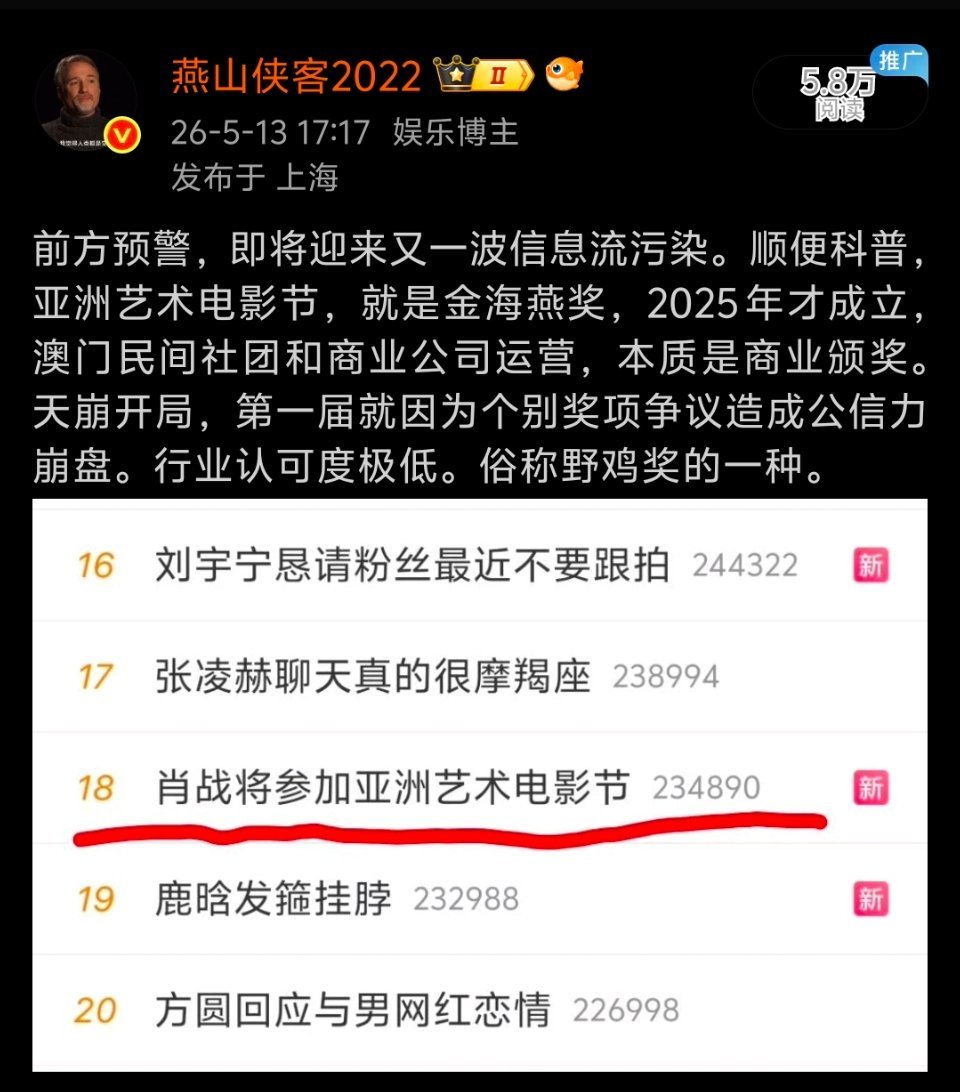 肖战出发参加亚洲电影节打假。亚洲艺术电影节≠亚洲电影节。用不相干的电影节来做词条