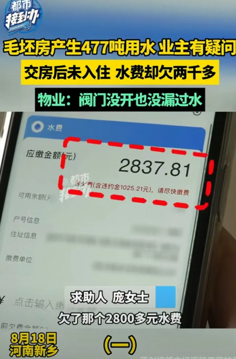 河南新乡，女子买的新房是毛坯状态，没装修、没入住，阀门从未开过。准备装修时得知，