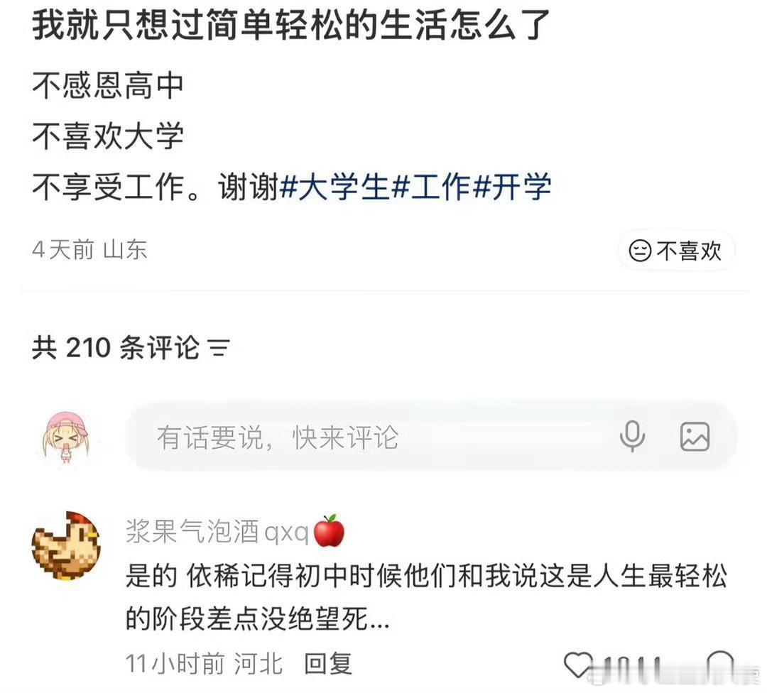 舒适程度：大学>小学>工作>初中>高中