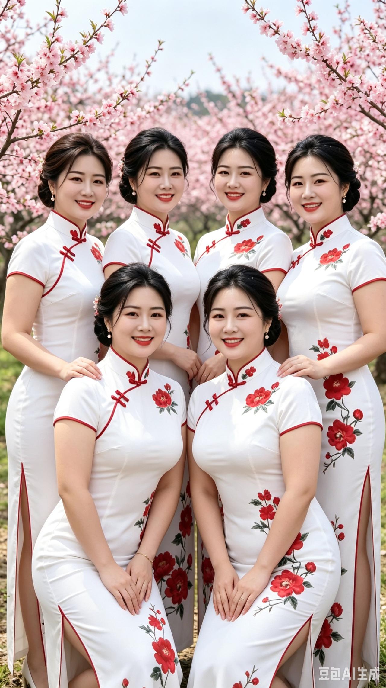 园间旗袍佳人八韵白衫红蕊映芳容，闲步桃林春意融。丰姿藏蕴温婉意，笑靥轻披和暖