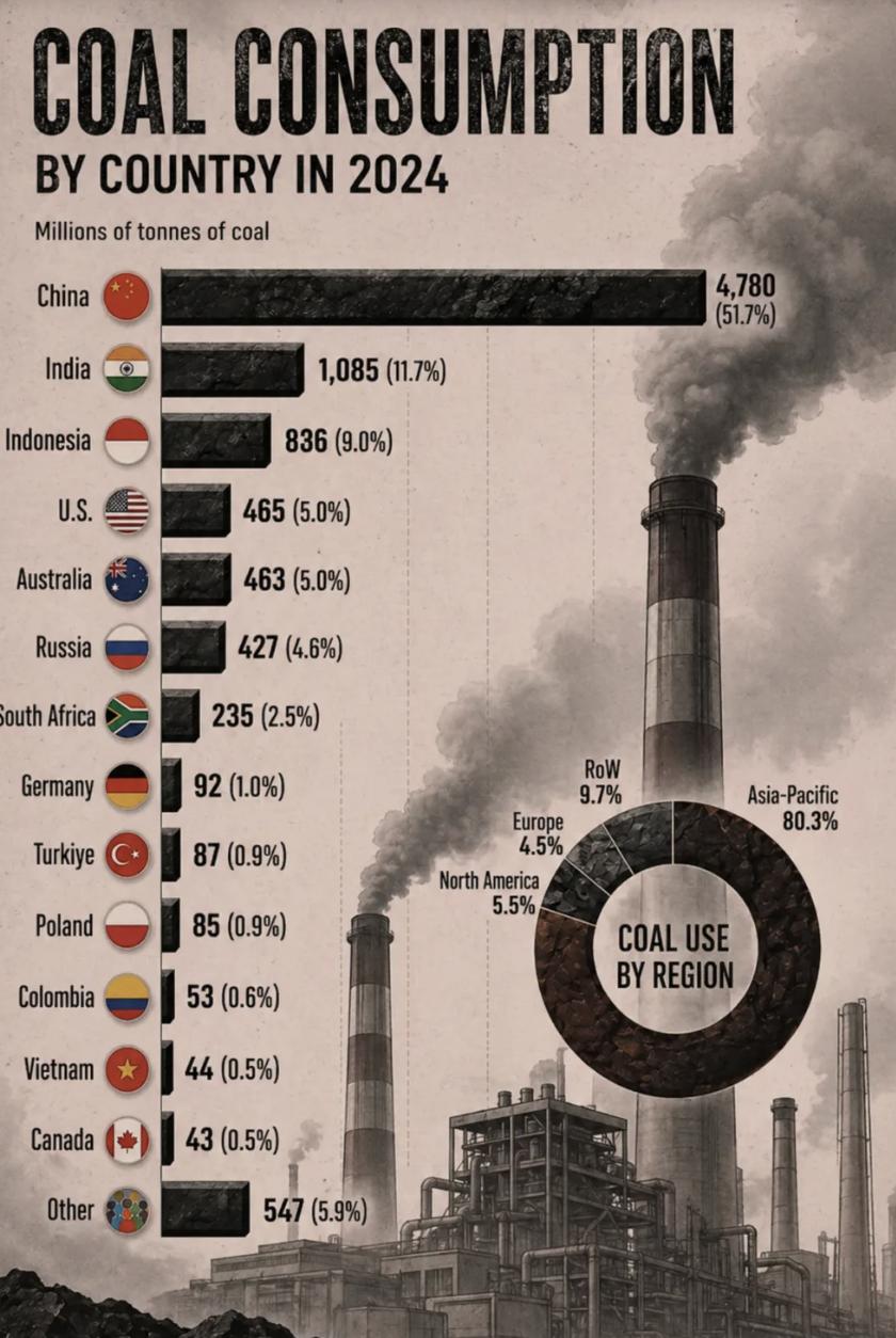 外媒：全球煤炭消费高度集中：中国以47.8亿吨、占比51.7%遥遥领先，超过其他
