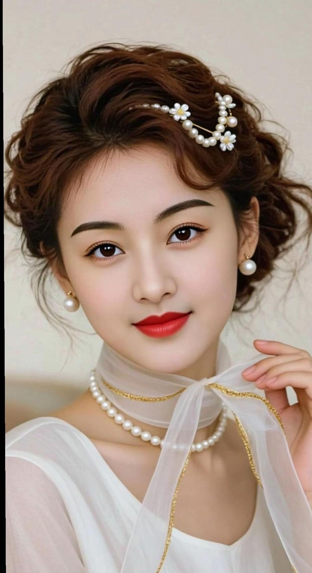 优雅复古的珍珠项链，搭配精致发饰，尽显高贵气质。高雅气质美女美女人像群