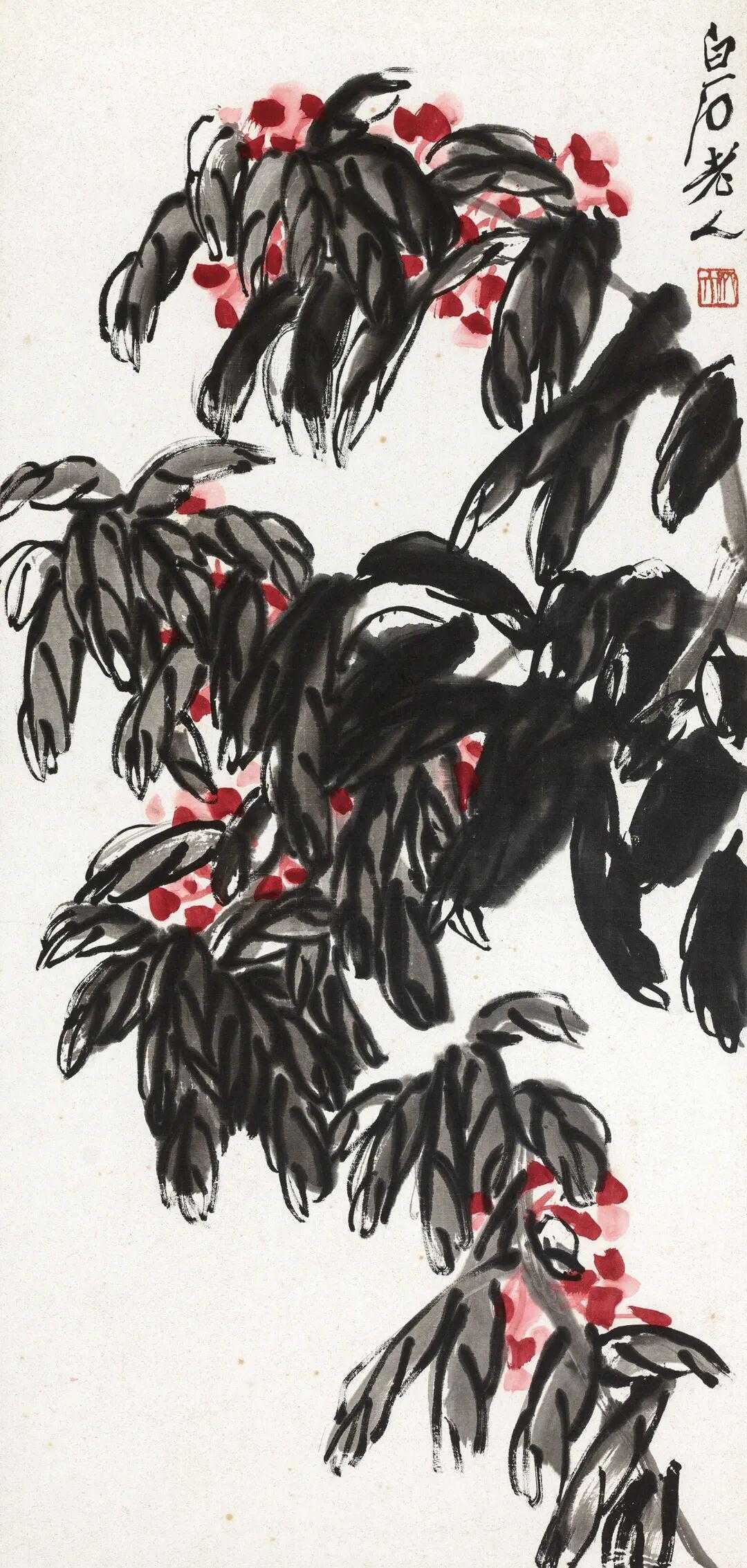 齐白石富贵延年四屏。此套可称齐白石红花墨叶派之典型，四屏分写荷花、海棠、牵牛、