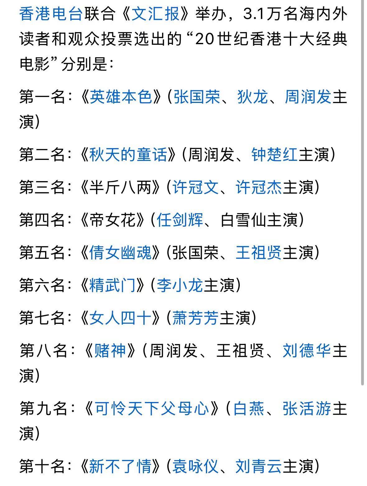 20世纪香港十大经典电影