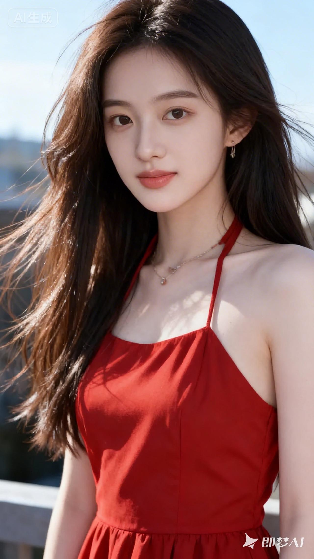 阳光下的红裙少女，甜美动人，温柔可人。