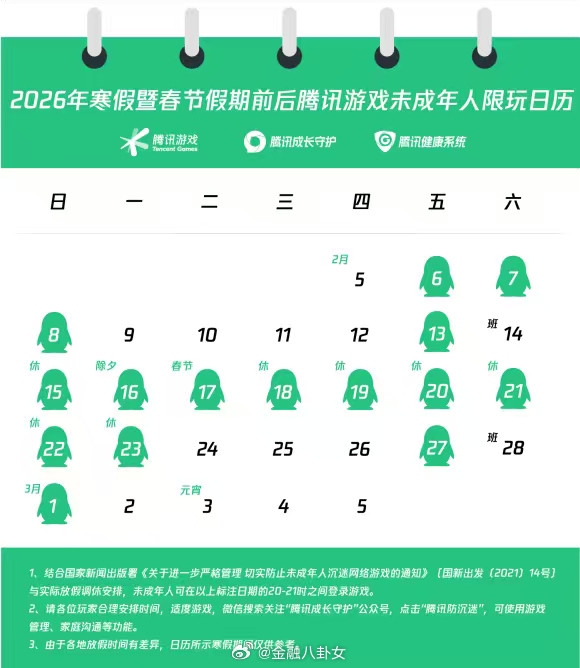 腾讯游戏2026年寒假限玩日历发布2月5日-3月5日，未成年玩家仅能在可玩游戏日