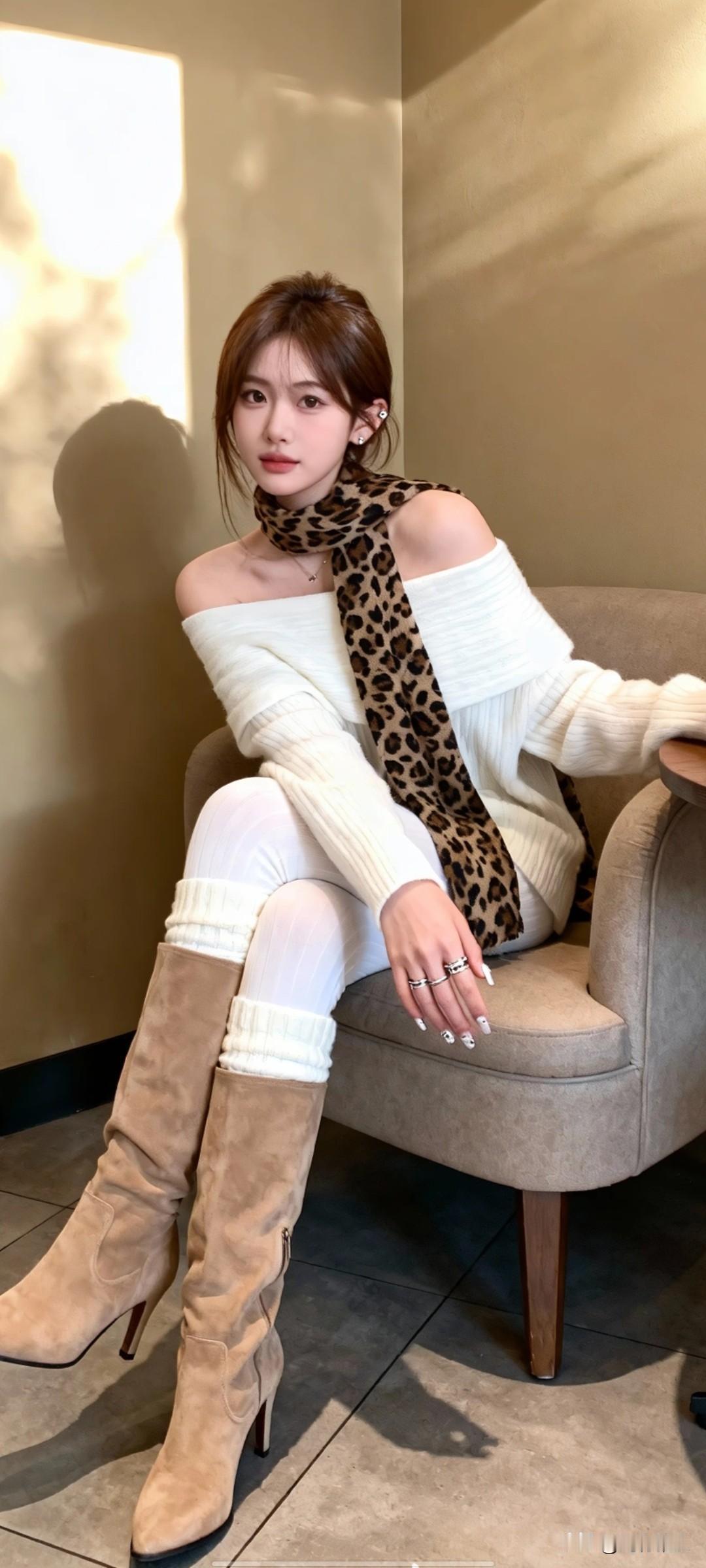 冬日穿搭指南：复古风毛衣+豹纹围巾+高筒靴