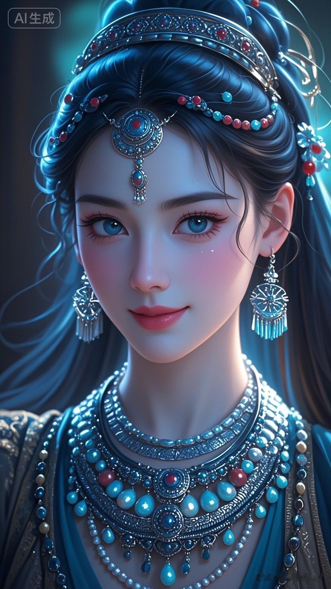 梦幻蓝宝石公主，闪耀的珠宝与优雅的面纱相得益彰，宛如童话中的仙子。