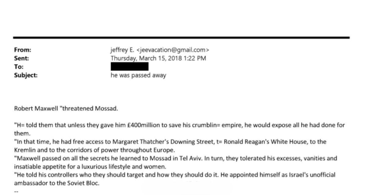 在2018年3月一封主题为“他去世了”的邮件中，杰弗里·爱泼斯坦（美国亿万富翁，