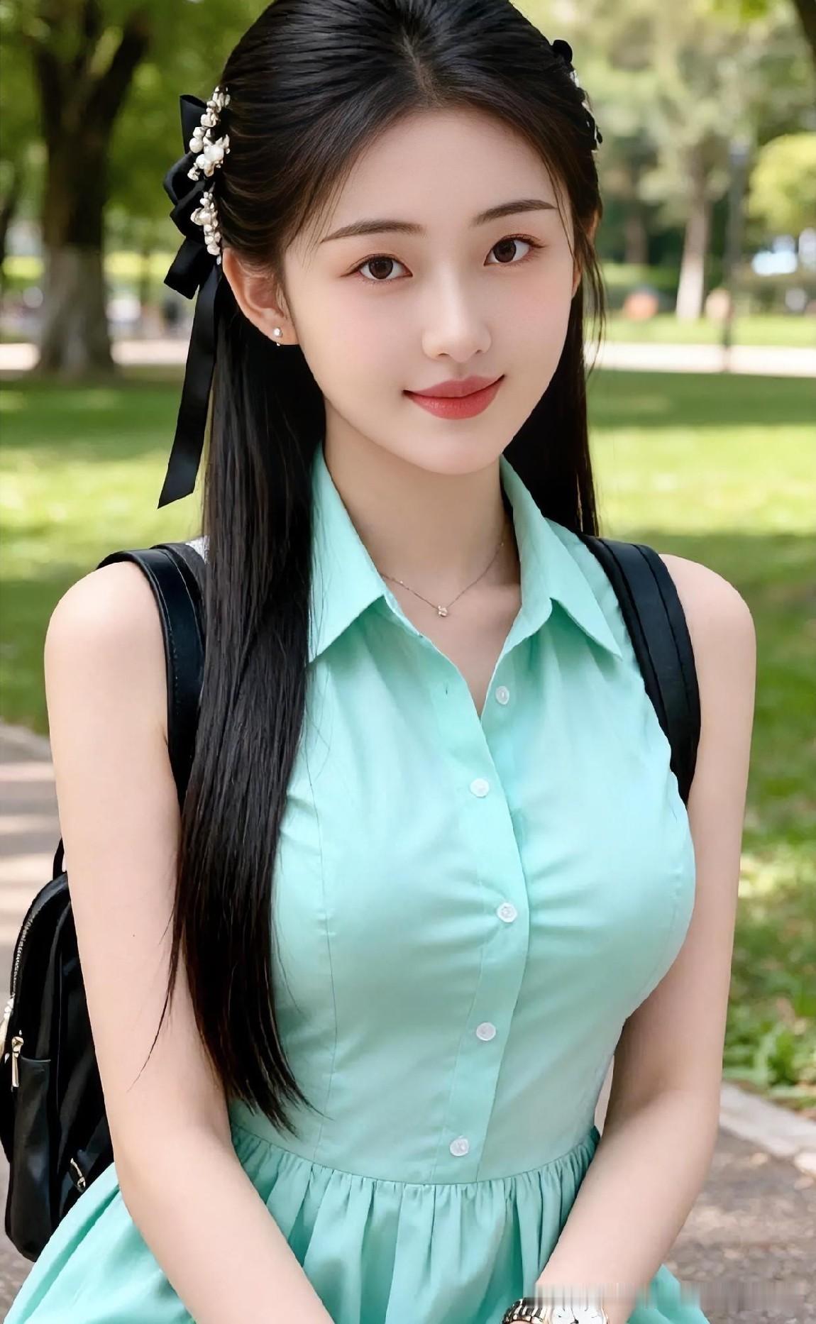 葱茏绿意间，一袭薄荷绿裙装清新如初夏晨风。墨发轻挽，珍珠点缀，盈盈浅笑宛如林间精