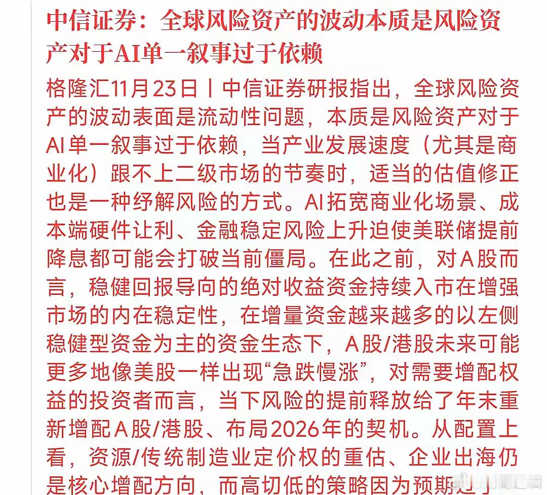 中信这次给出了当下资本市场的风险的原因，AI依赖成为原罪中信表示当前风险资产对于