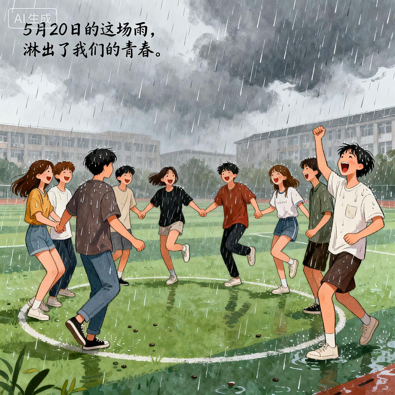 暴雨突袭南京高校，操场现“神同步”青春名场面：一个人叫淋雨，一群人叫青春突如