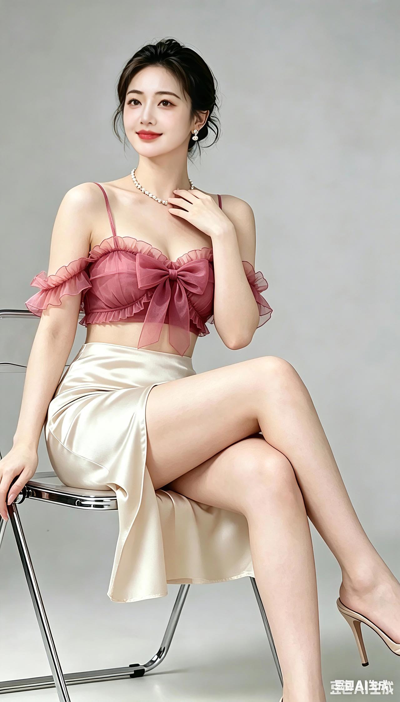 这美女穿着粉色蝴蝶结上衣，坐在椅子上。粉纱蝴蝶结俏娇，明眸含笑韵如瑶。珍珠
