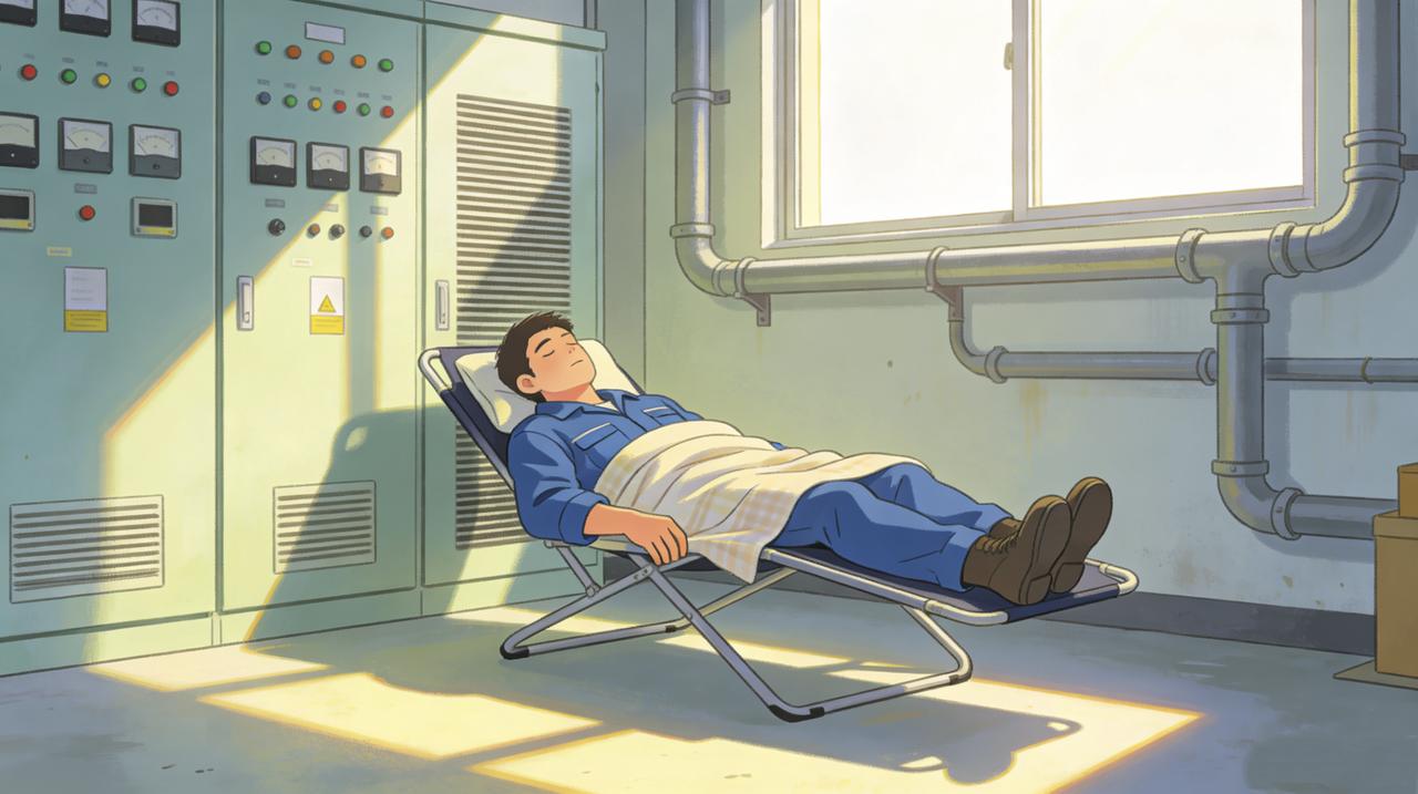 车间午休一小时，工人们有自己的地盘：冲床后面的空地上，老刘铺了块纸板当床；配电室