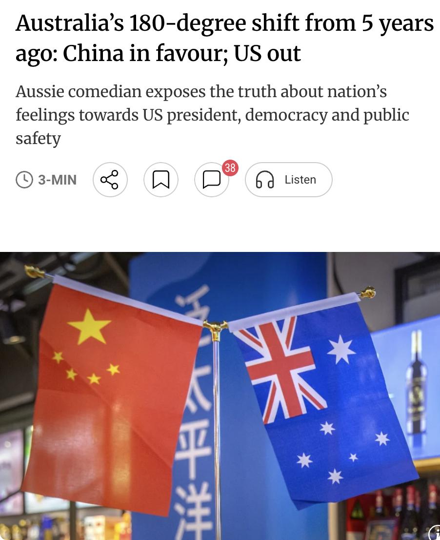 外媒：澳大利亚对华态度发生180度大转弯：从亲美转向亲中。过去14个月，特朗