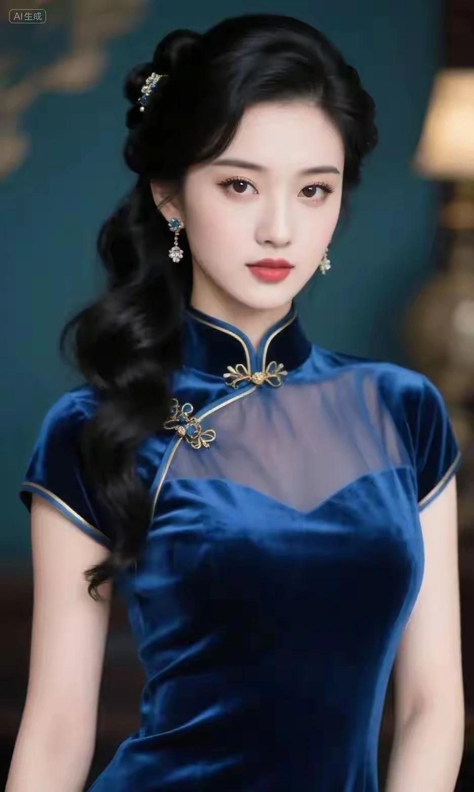 蓝色天鹅，旗袍魅力冰肌玉骨，明眸皓齿天生丽质，国色天香沉鱼落雁，闭月羞花