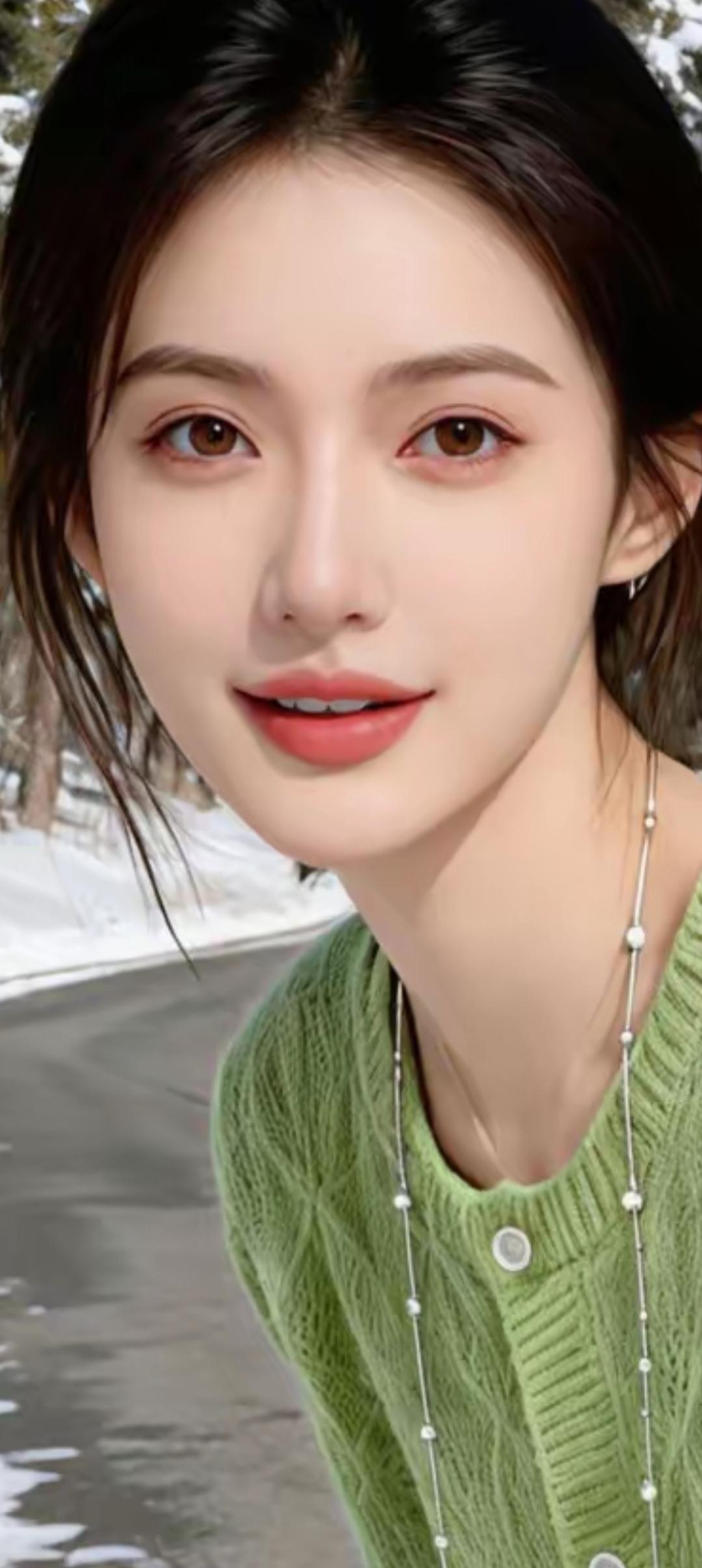 冬日暖阳下，绿衣少女微笑如花