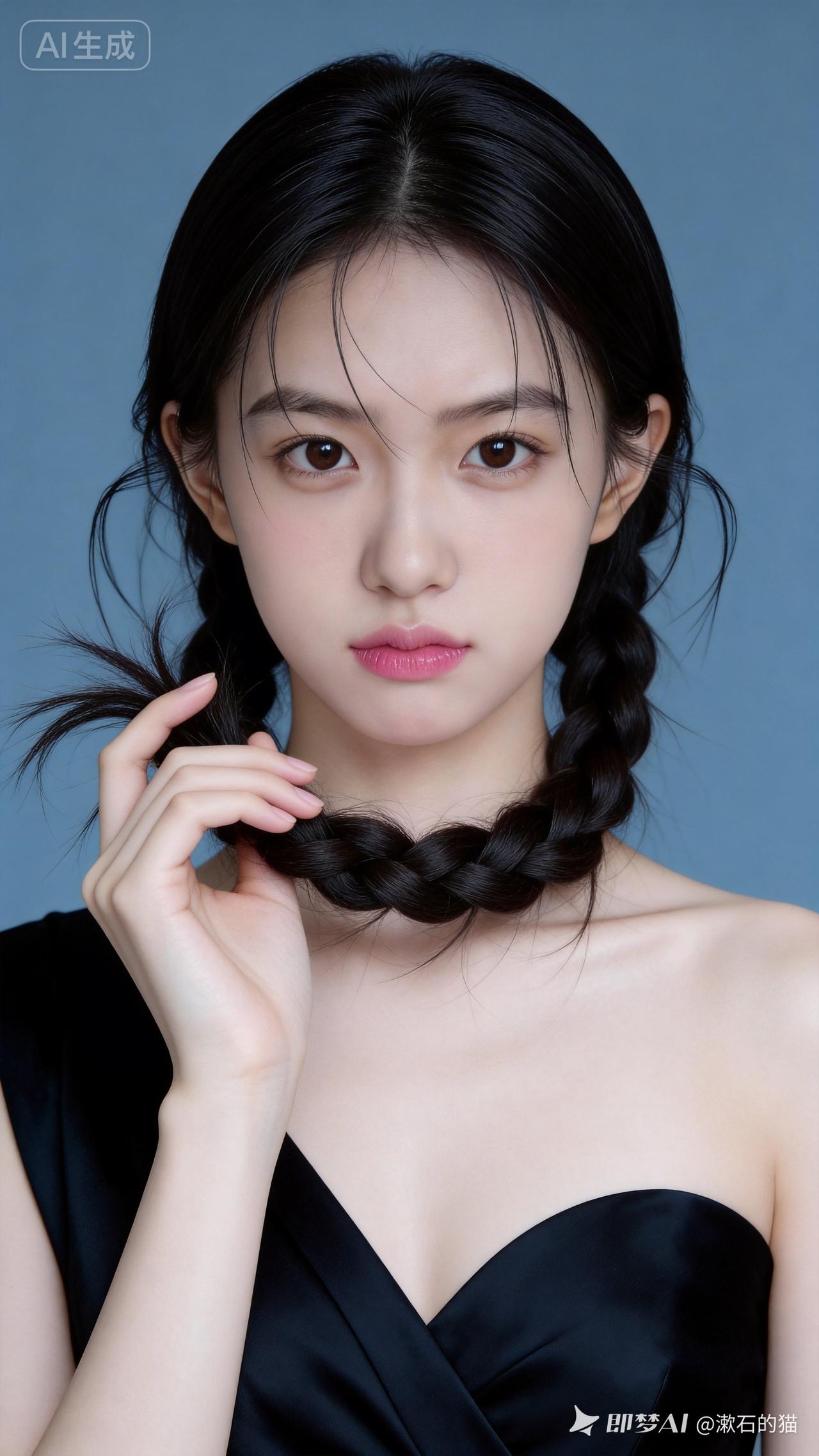 墨色礼服勾勒身姿，微扬的发丝间几缕碎发轻扫眉眼，揉合清冷与温柔。指尖捻着麻花辫，