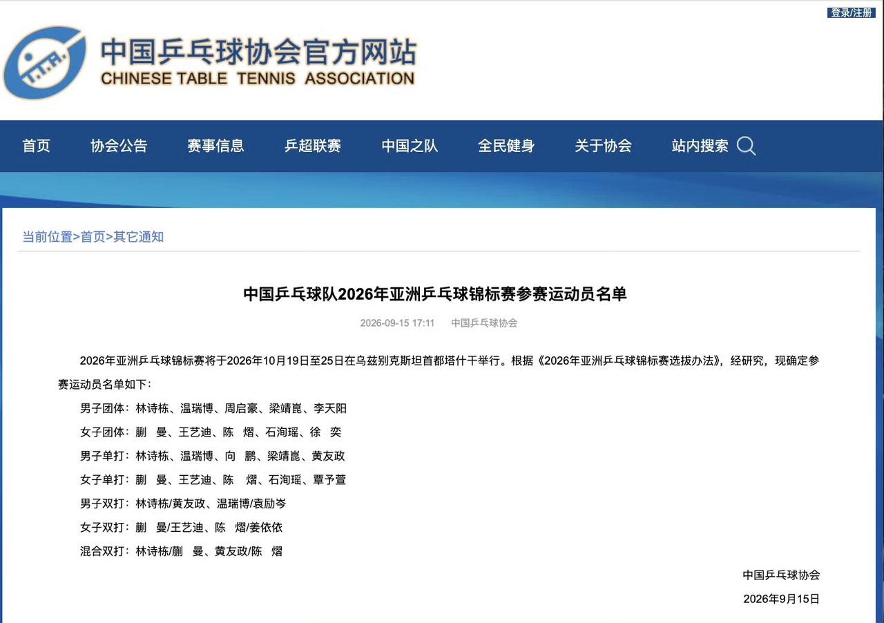 姜依依、李天阳两个幸运儿[赞]！2026亚洲乒乓球锦标赛中国队参赛名单🇨🇳