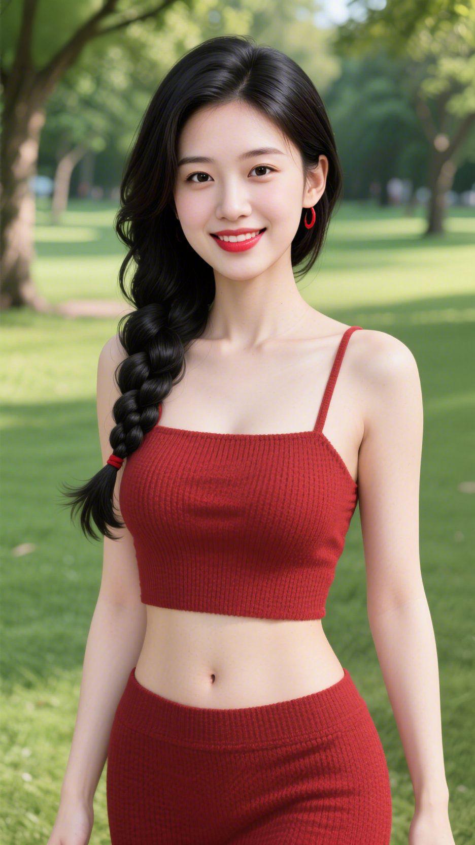 红韵染清风草地漫着温柔的光，一袭红衫揉进夏日的热烈，麻花辫垂在肩头，笑意撞开所