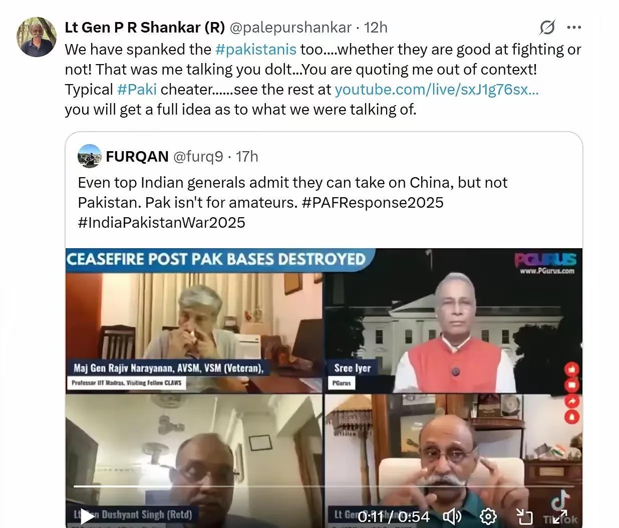 印度陆军前退役中将尚卡尔近日在接受印度媒体节目主持人斯里莱尔采访时表示，在与巴基