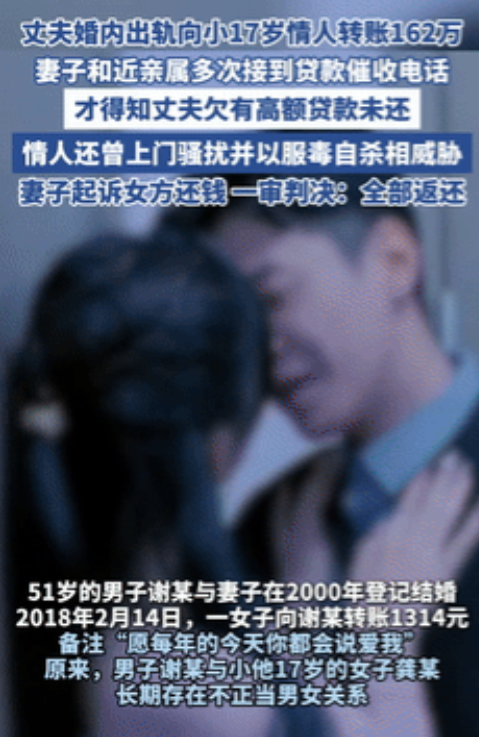 “肠子悔青了！”丈夫向小17岁情人转账162万，被另一名情人举报给原配妻子！原配