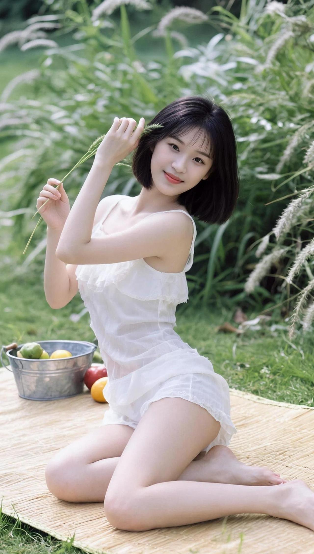 阳光洒在草地上，微风轻拂，这画面仿佛是大自然的“写真大片”。白衣飘飘，短发微卷，