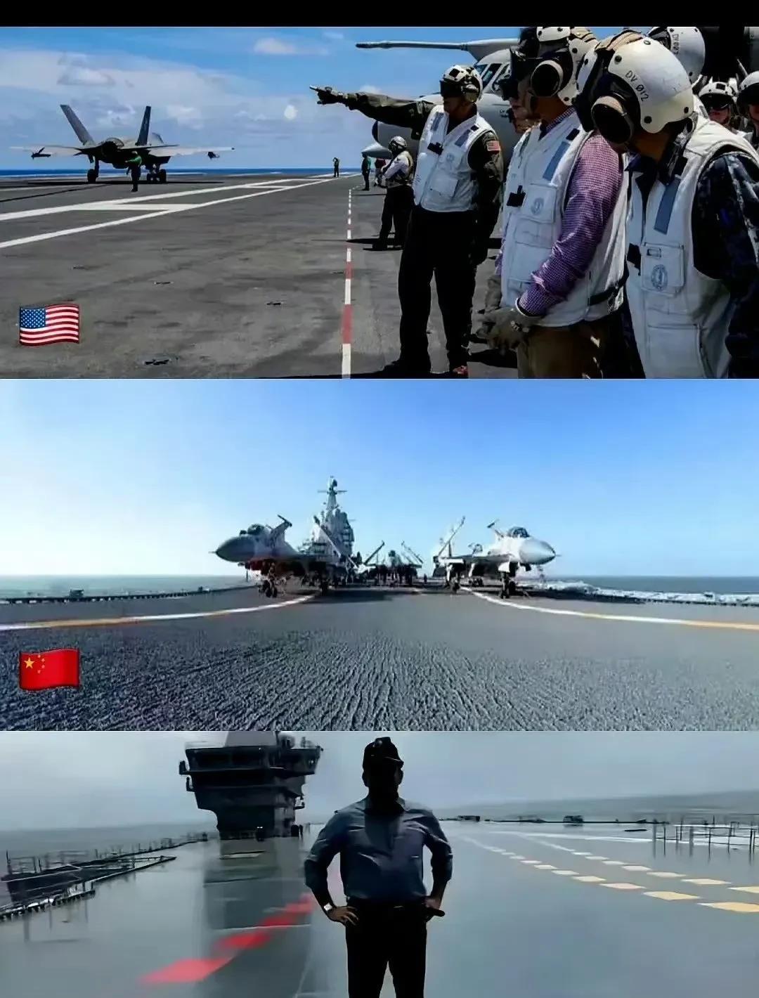 中美印三国航母甲板比较。美国航母甲板像水泥路面，可以打篮球，因为其是电磁弹射和
